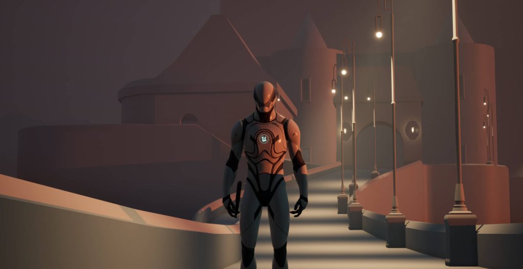 A character in Sneak Pit standing in a softly lit industrial courtyard